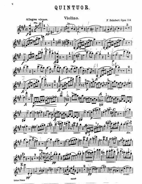 First page of Quintet for Piano and Violin, Viola, Violoncello and Contrabass