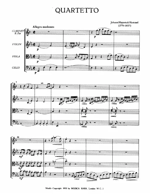 First page of Quartet for Clarinet and String Trio in E-flat major