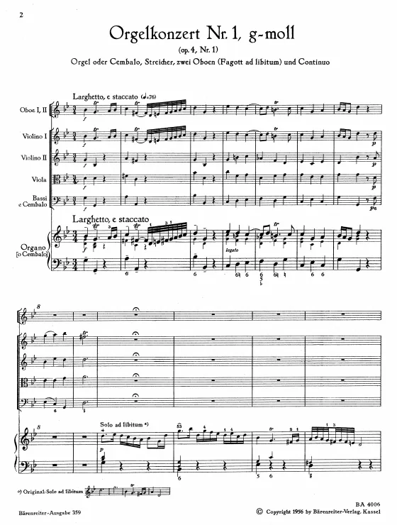 First page of Organ Concerto in G minor
