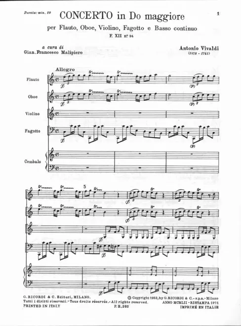 First page of Concerto for Flute, Oboe, Violin, Bassoon and Continuo in C major