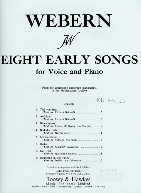 First page of Acht frühe Lieder für Stimme und Klavier