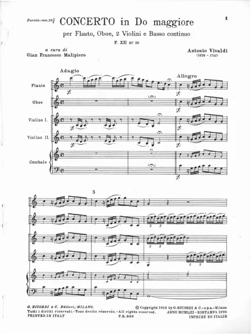 First page of Concerto for Recorder, Oboe, 2 Violins and Continuo in C major