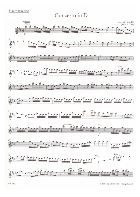 First page of Concerto for Flute, Strings and Basso continuo in D major