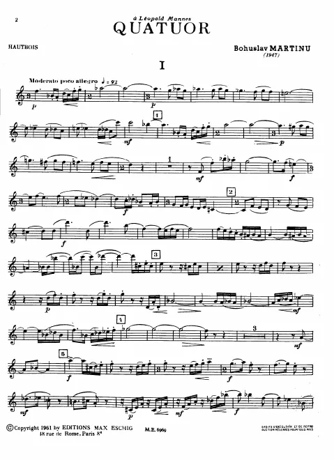 First page of Quartet for Oboe, Violin, Cello and Piano, H.315