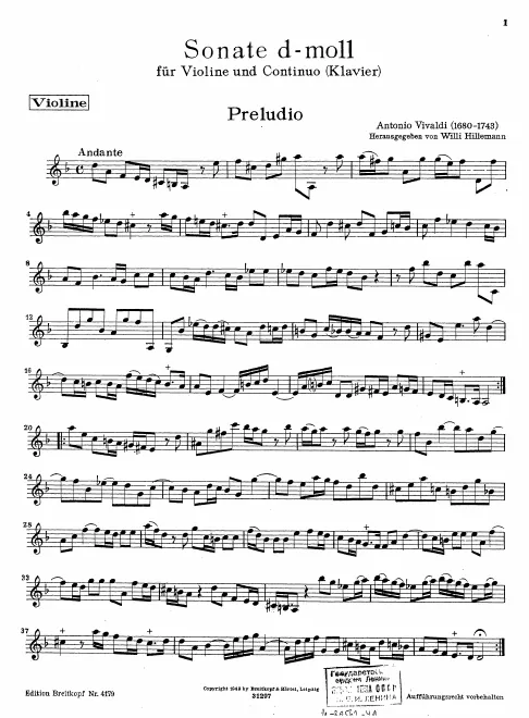 First page of Sonata for Violin and Continuo in D minor