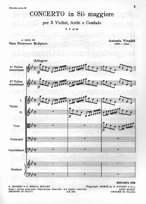 First page of Concerto for 2 Violins in B-flat major