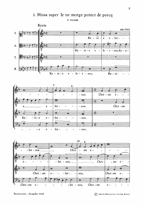 First page of Missa super Je ne mange poinct de porcq
