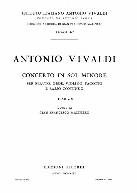 First page of Concerto for Violin, Flute, Oboe, Bassoon and Continuo in G minor