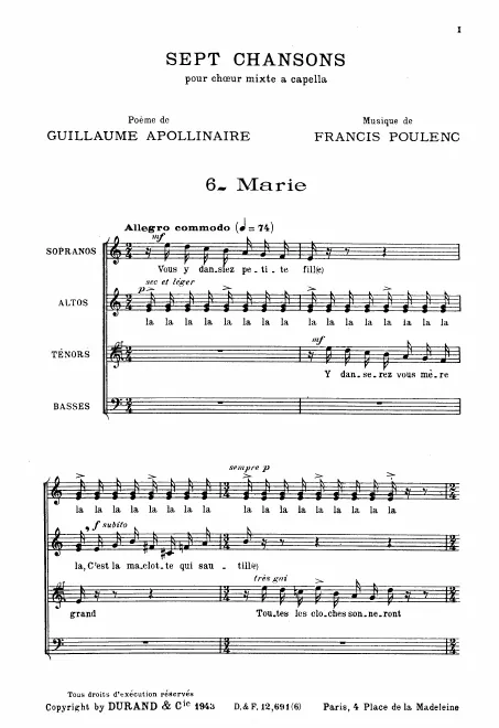 First page of Sept Chansons (pour chœur mixte a cappella)