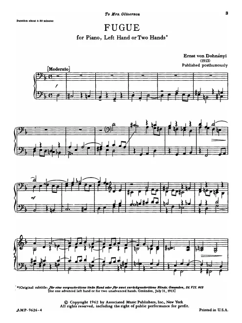 First page of Fugue for Left Hand or Two Hands