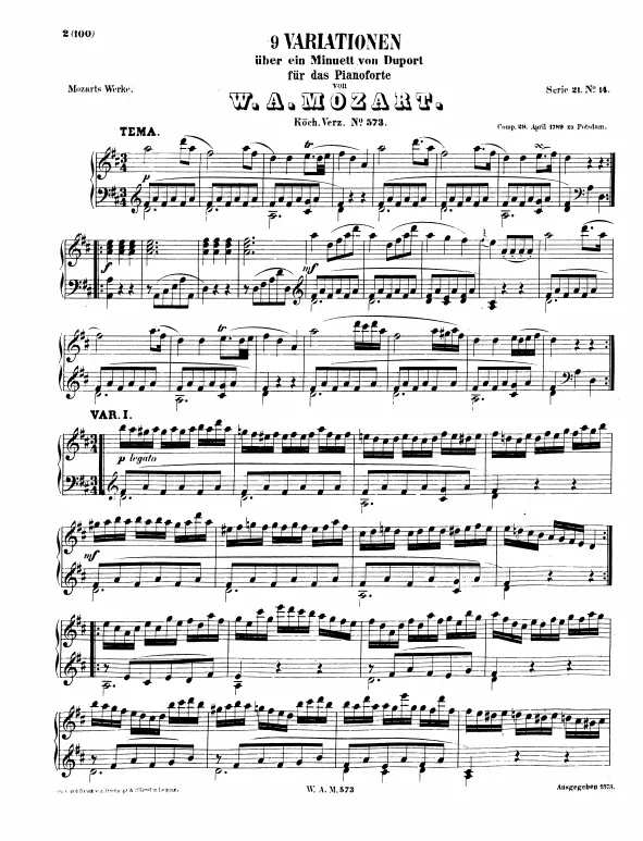 First page of 9 Variations on a Minuet by Duport