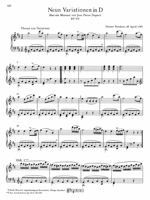 First page of 9 Variations on a Minuet by Duport