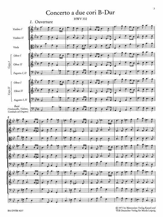 First page of Concerto in B-flat major, HWV 332