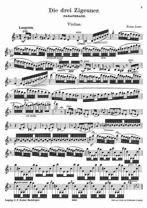 First page of Die drei Zigeuner, Paraphrase for Violin and Piano