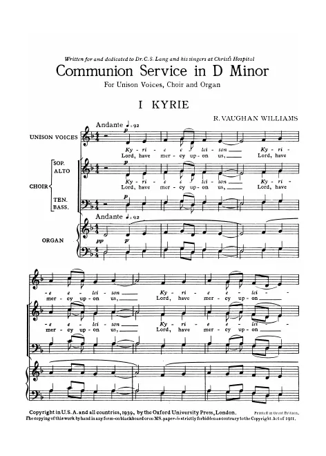 First page of Communion Service in D minor