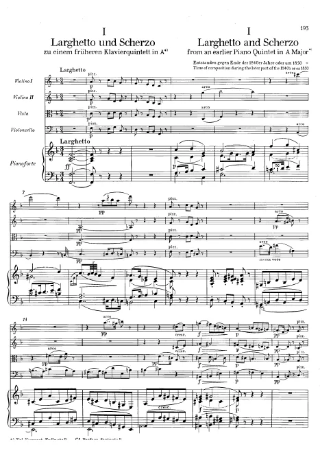 First page of Larghetto and Scherzo from an earlier Piano Quintet